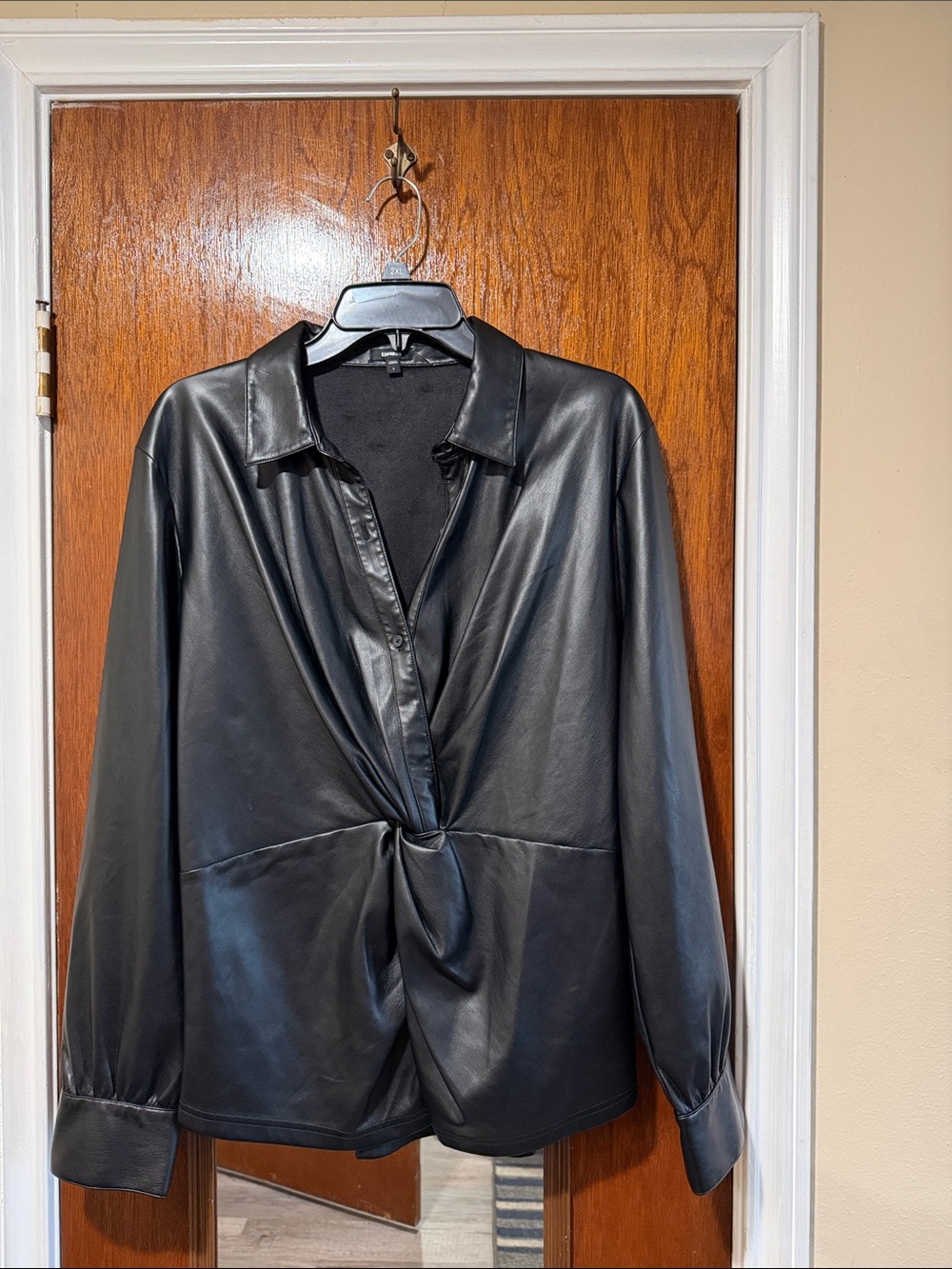 Express Black Faux Leather-Trim Knit Top